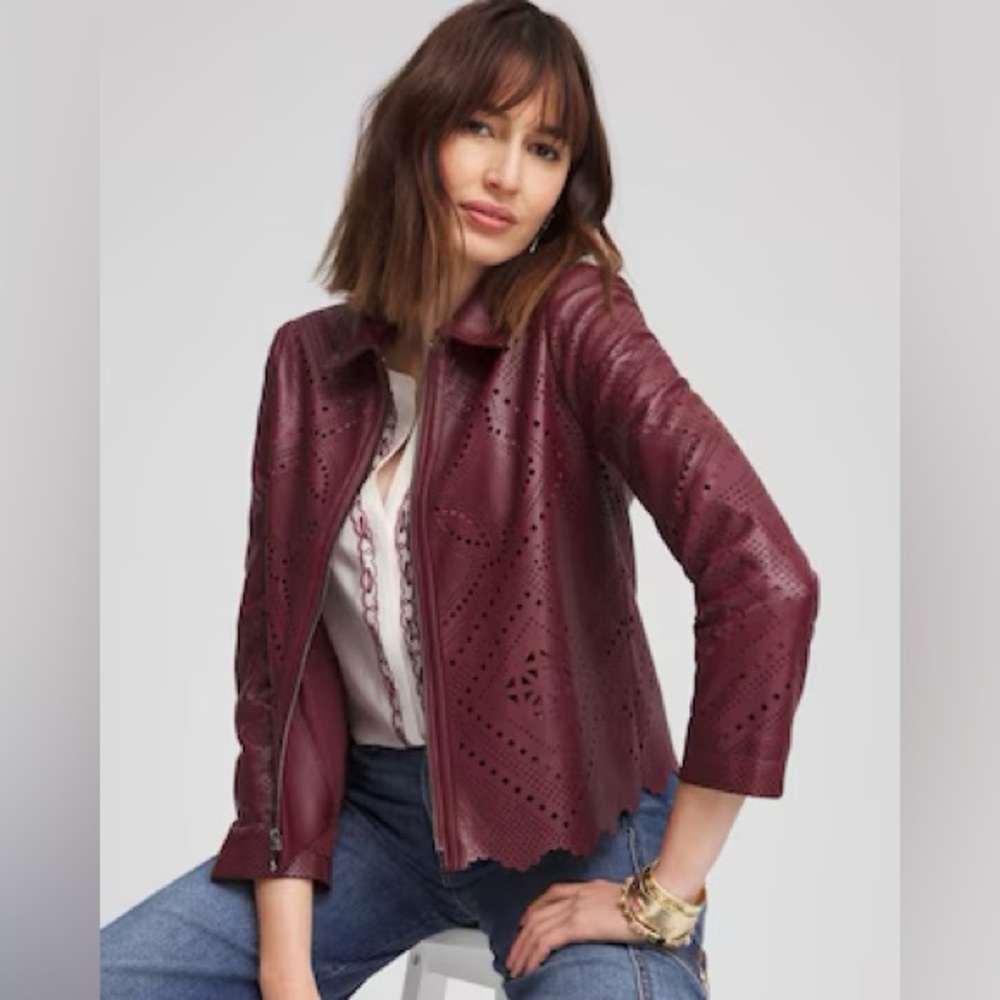 NWT Chico’s Cutout Faux Leather Jacket in Rich Pomegranate Size L Artisan Edge